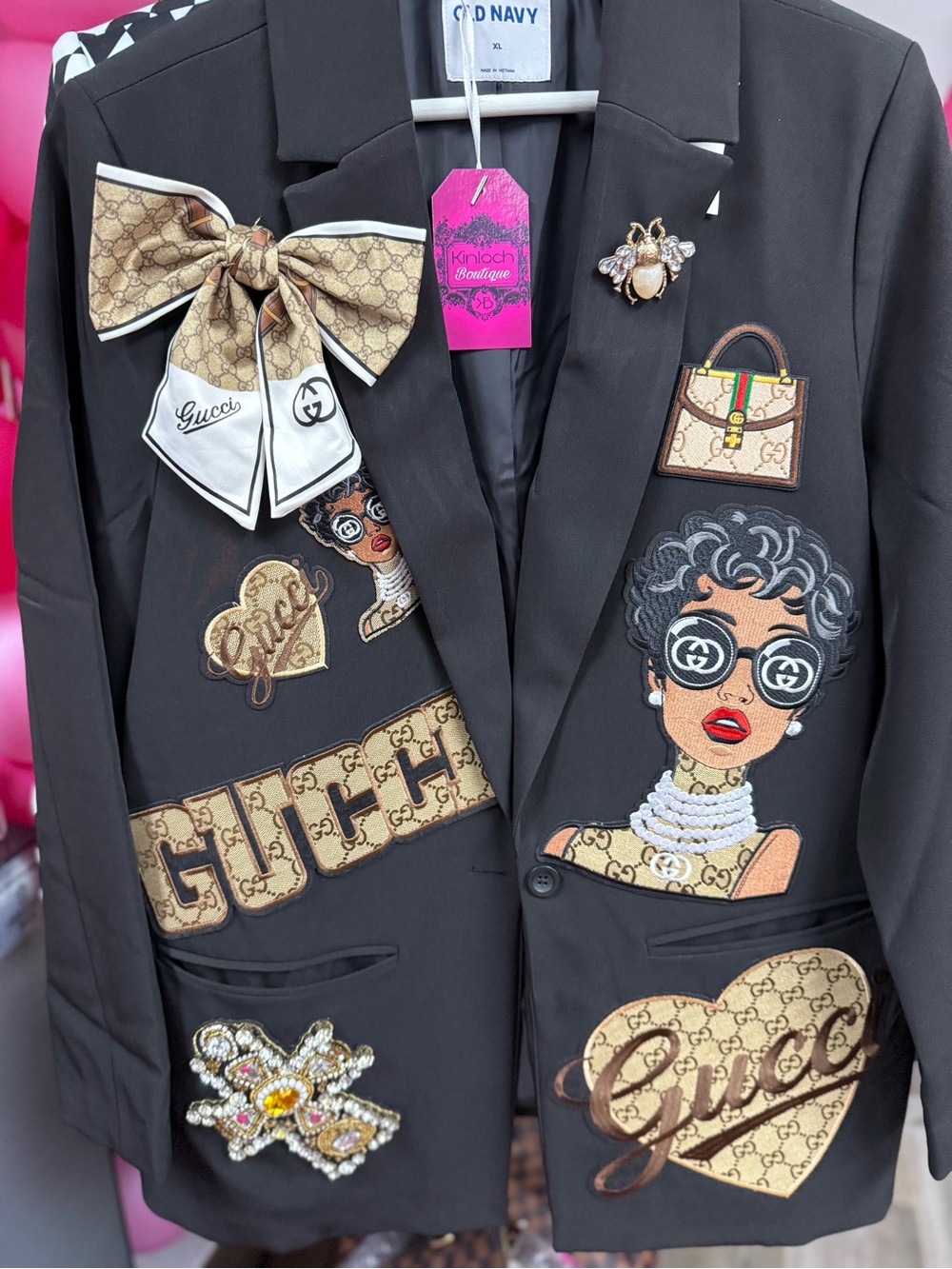 New Black Embellished Women's Blazer with Beige Logo Appliqués - Picture 5 of 10
